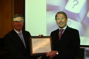 Adriaan Blankenstein (l), director, the Business Group Department for Information/Data Management and Technology, Netherlands Ministry of Defense (BG-IVENT/MODNL), accepts a token of appreciation from Air Cdre. Gerrit Schoonderbeek, RNLAF (Ret.), chapter vice president, for speaking at the chapter's February meeting.